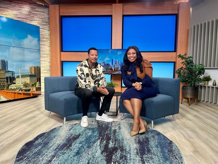 Alexis on the KARE 11 set with a guest